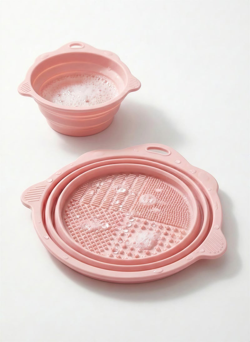TRENZ Collapsible Silicone Makeup Brush Cleaning Bowl with Textured Scrubber Pad + Hanging Loop – Pink - Image 1